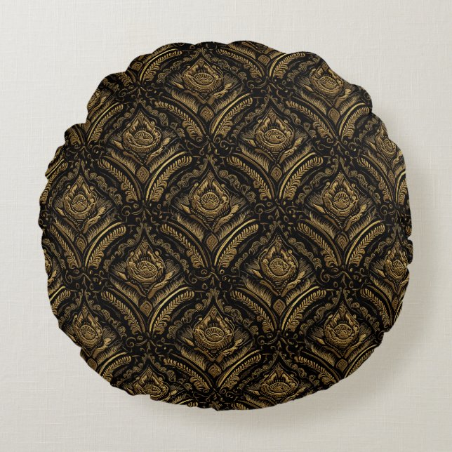 Luxe Gouden Sierdamastpatroon Rond Kussen (Voorkant)