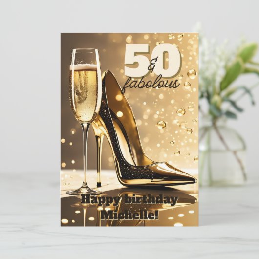 Luxe gouden Stiletto Champagne 50 Verjaardag Kaart (Staand voorkant)