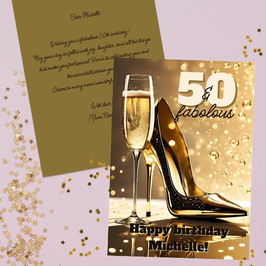Luxe gouden Stiletto Champagne 50 Verjaardag Kaart