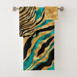Luxe Gouden Teal Tijgerstreep Patroon Bad Handdoek