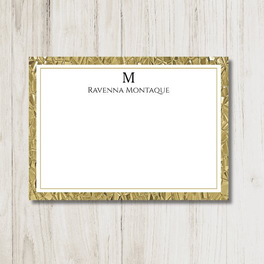Luxe Gouden Textuur Rand Zwarte Monogram Script Notitiekaartje