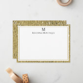 Luxe Gouden Textuur Rand Zwarte Monogram Script Notitiekaartje (Voorkant / Achterkant in situ)