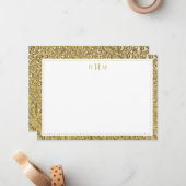 Luxe Gouden Textuur Twee Rand Drie Monogram Notitiekaartje (Voorkant / Achterkant in situ)
