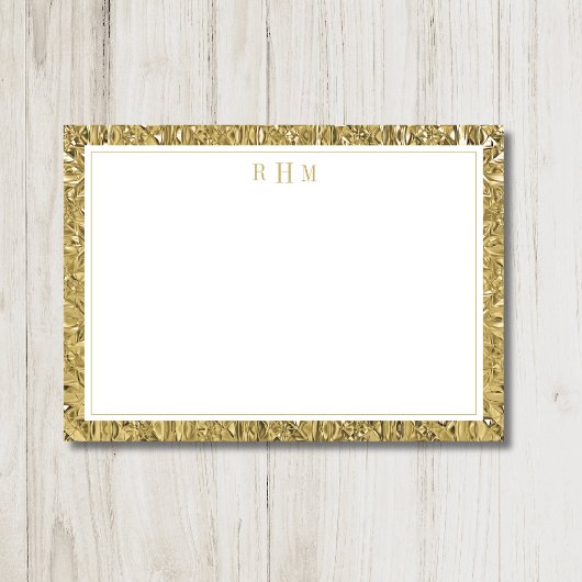Luxe Gouden Textuur Twee Rand Drie Monogram Notitiekaartje