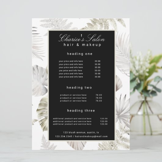 luxe gouden tropische prijskaart menu (Staand voorkant)