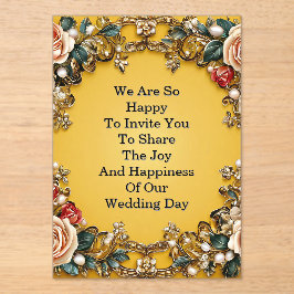 Luxe Gouden Trouw Bloemstuk Frame Met Rozen Acryl Uitnodigingen