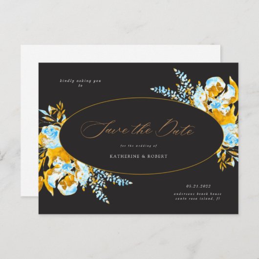Luxe gouden turquoise bloemen sparen de datum briefkaart (Voorkant / Achterkant)