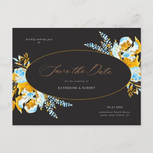 Luxe gouden turquoise bloemen sparen de datum briefkaart (Voorkant)