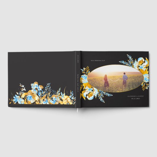 Luxe gouden turquoise bloemenbruiloft gastenboek (Volledig)