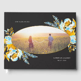 Luxe gouden turquoise bloemenbruiloft gastenboek