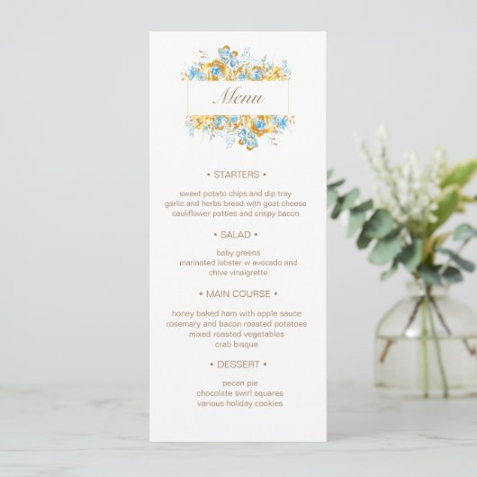 luxe gouden turquoise bloemenbruiloft Menu Inv Kaart (Staand voorkant)