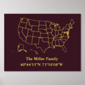 luxe gouden US kaart lengtegraad breedtegraad home Folie Afdrukken (Voorkant)