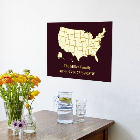 luxe gouden US kaart lengtegraad breedtegraad home Folie Afdrukken (Laag (Keuken))