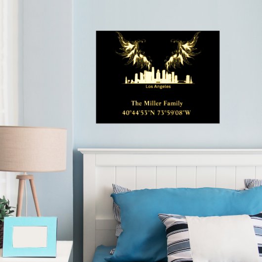 luxe gouden US skyline lengtegraad breedtegraad L  Folie Afdrukken (Insitu (Slaapkamer))