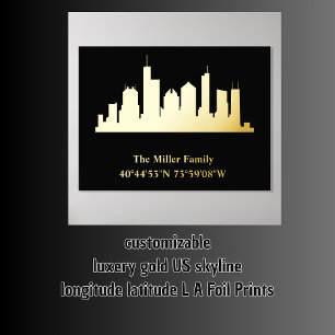 luxe gouden US skyline lengtegraad breedtegraad L  Folie Afdrukken