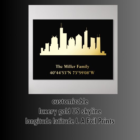 luxe gouden US skyline lengtegraad breedtegraad L  Folie Afdrukken