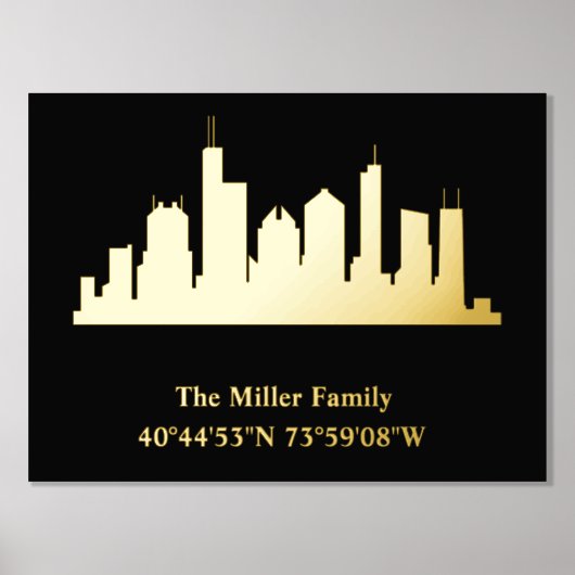 luxe gouden US skyline lengtegraad breedtegraad L Folie Afdrukken (Voorkant)