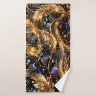 Luxe gouden veren en edelsteen sprankelpatroon badhanddoek