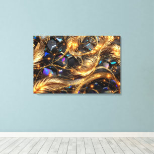 Luxe gouden veren en edelsteen sprankelpatroon canvas afdruk