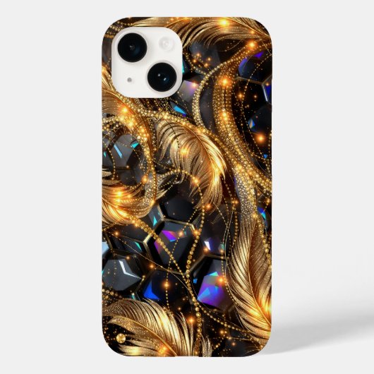 Luxe gouden veren en edelsteen sprankelpatroon Case-Mate iPhone case (Achterkant)