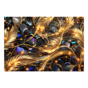 Luxe gouden veren en edelsteen sprankelpatroon foto afdruk