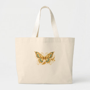 Luxe Gouden Vlinder – Elegant Turquoise Accent Grote Tote Bag