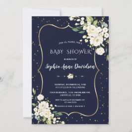 Luxe Gouden Witte Bloemen Navy Blauwe Baby Shower Kaart