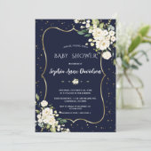 Luxe Gouden Witte Bloemen Navy Blauwe Baby Shower Kaart (Staand voorkant)
