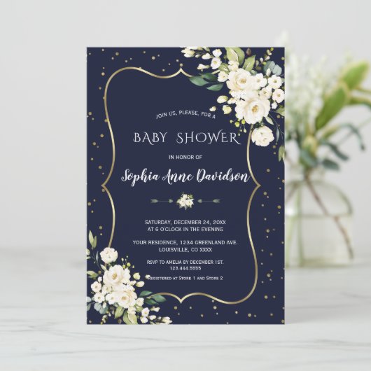Luxe Gouden Witte Bloemen Navy Blauwe Baby Shower Kaart (Staand voorkant)