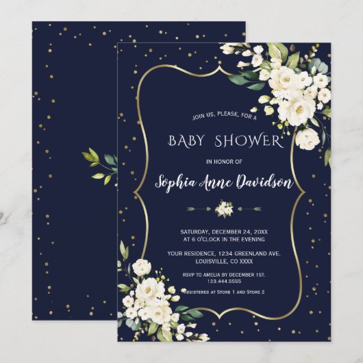 Luxe Gouden Witte Bloemen Navy Blauwe Baby Shower Kaart (Voorkant / Achterkant)