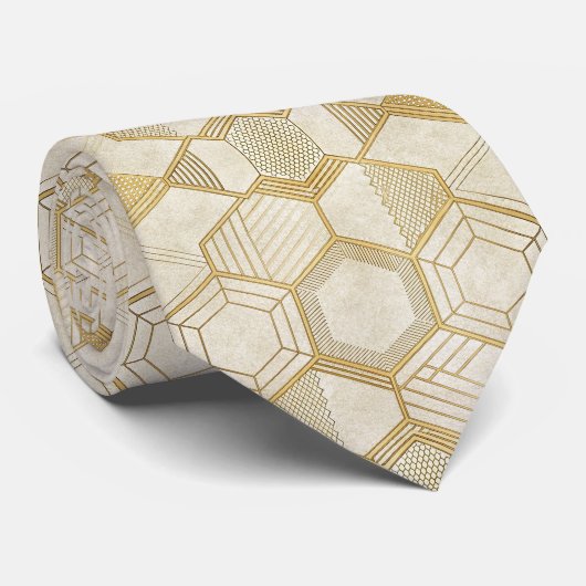 Luxe Gouden Zeshoekpatroon - Marmer Textuur 2 Stropdas (Opgerold)