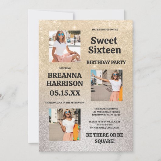 Luxe gouden zilveren glittergradiënt Foto Sweet 16 Kaart (Voorkant)