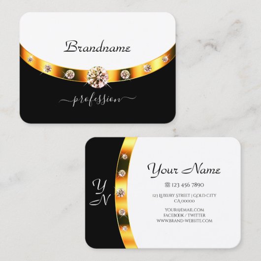 Luxe Gouden Zwart en Witte Initialen Strass Visitekaartje (Voorkant / Achterkant)