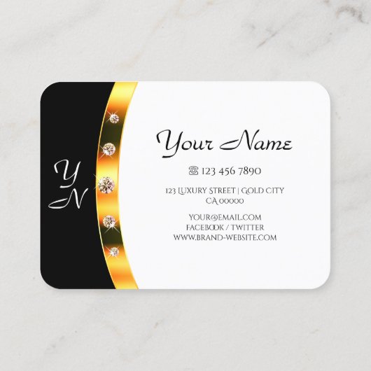 Luxe Gouden Zwart en Witte Initialen Strass Visitekaartje (Achterkant)