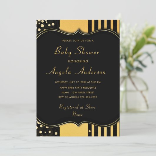 Luxe Gouden Zwarte Baby Boy Douche Uitnodiging (Staand voorkant)