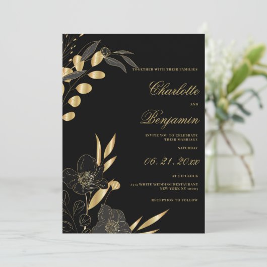 Luxe gouden zwarte elegante bloemetjesbruiloft kaart (Staand voorkant)