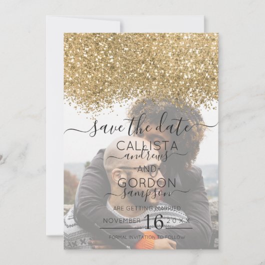 Luxe Gouden Zwarte Glitters Confetti Foto Bruiloft Save The Date (Voorkant)