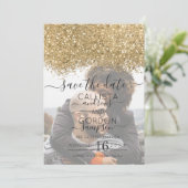 Luxe Gouden Zwarte Glitters Confetti Foto Bruiloft Save The Date (Staand voorkant)