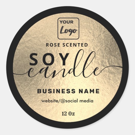 Luxe gouden zwarte-scriptzuskaars, aangepast logo ronde sticker (Voorkant)