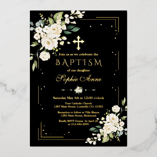 Luxe GOUDFOLIE Witte Bloemen Zwarte Doop Folie Uitnodiging (Voorkant)