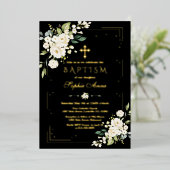 Luxe GOUDFOLIE Witte Bloemen Zwarte Doop Folie Uitnodiging (Staand Voorkant)