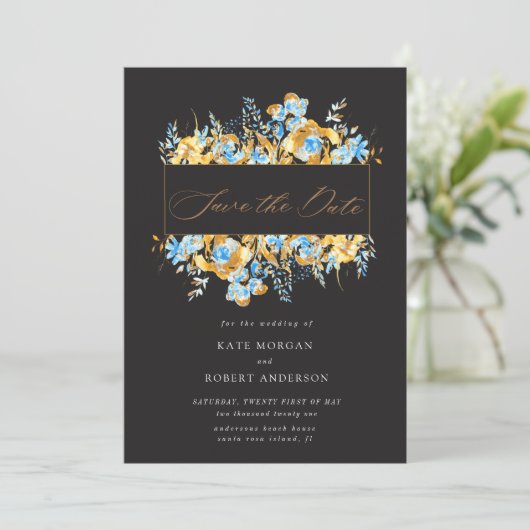 luxe goudkali floral save the date card (Staand voorkant)