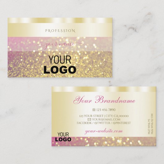 Luxe goudroze Paarse mousserende glitter Voeg Logo Visitekaartje (Voorkant / Achterkant)