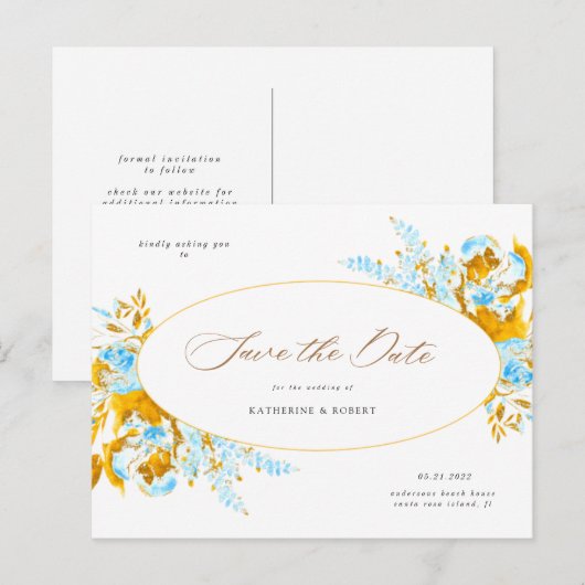 luxe goudturquoise floral save the date post briefkaart (Voorkant / Achterkant)
