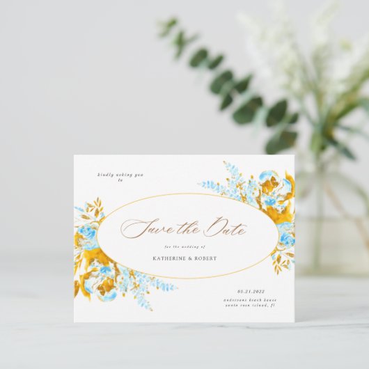 luxe goudturquoise floral save the date post briefkaart (Staand voorkant)