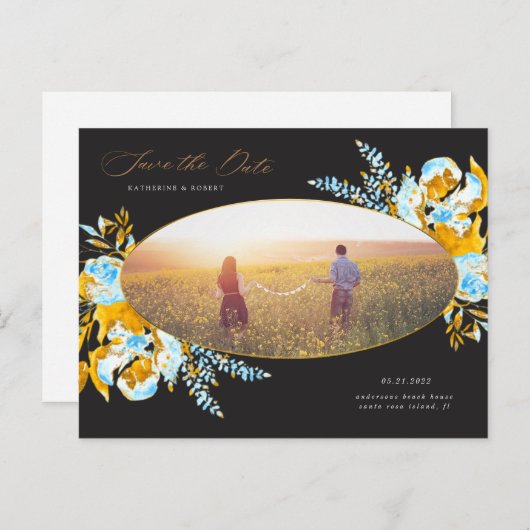 luxe goudturquoise floral save the date post briefkaart (Voorkant / Achterkant)