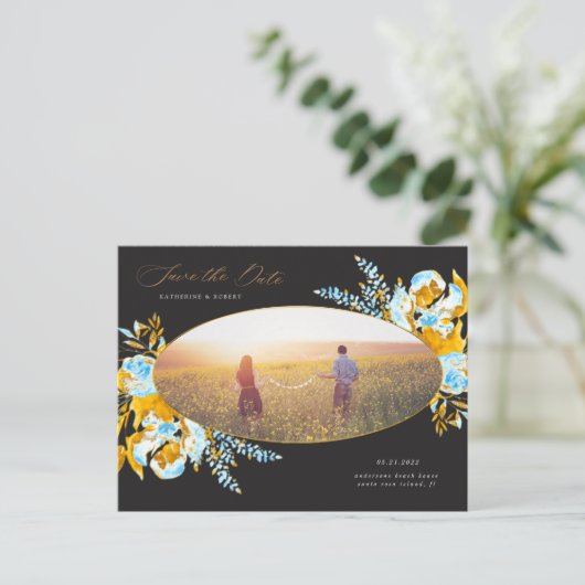 luxe goudturquoise floral save the date post briefkaart (Staand voorkant)