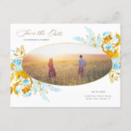luxe goudturquoise floral save the date post briefkaart