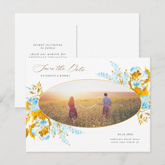 luxe goudturquoise floral save the date post briefkaart (Voorkant / Achterkant)