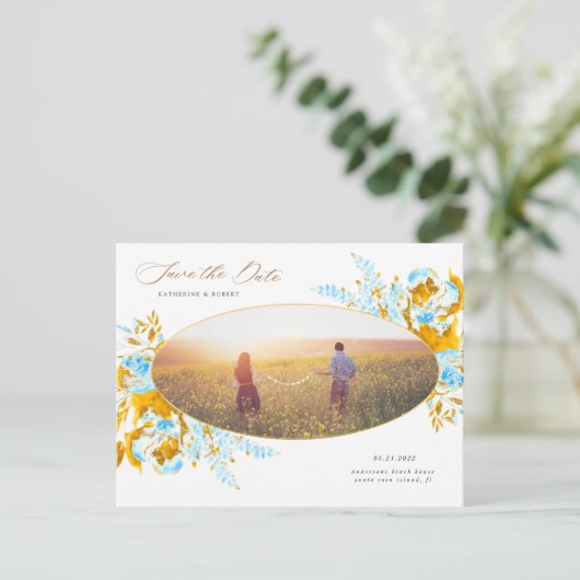 luxe goudturquoise floral save the date post briefkaart (Staand voorkant)